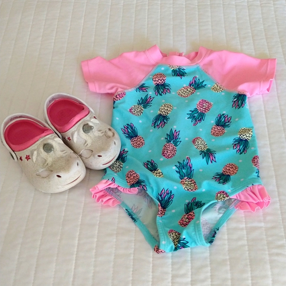 Floatimini toddler bathing suit and Capelli Crocs